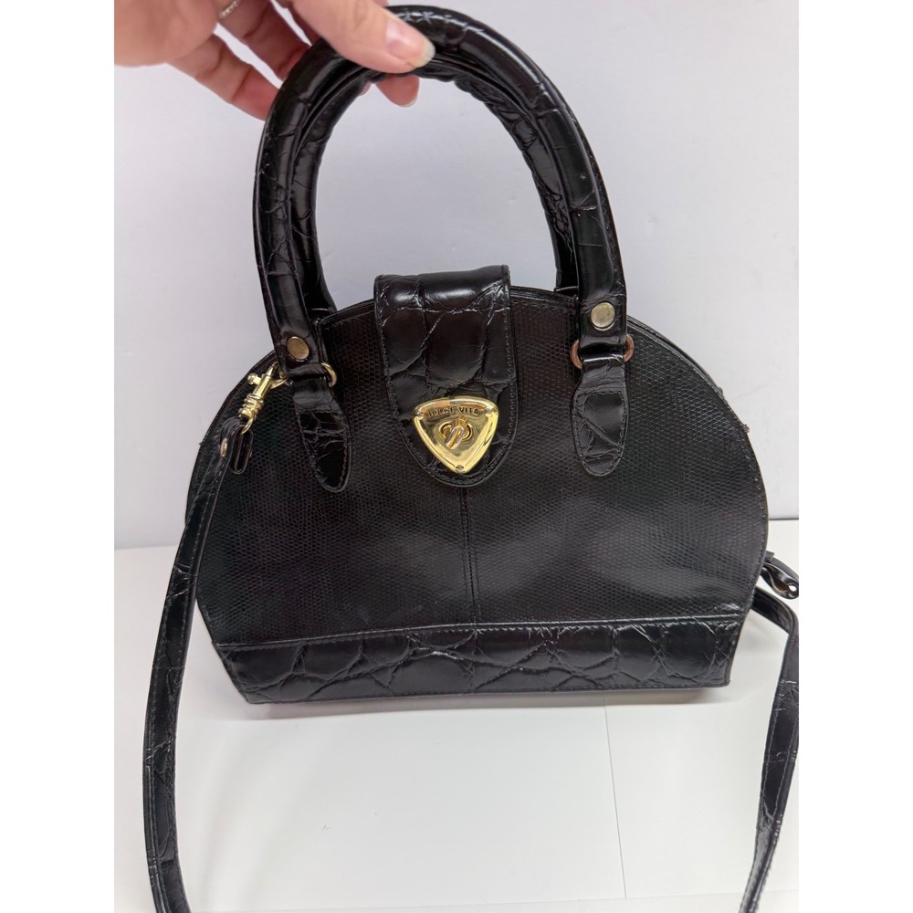 Dolce Vita Black Faux Croc Lizard Embossed Dome Jackson Satchel Crossbody Bag
